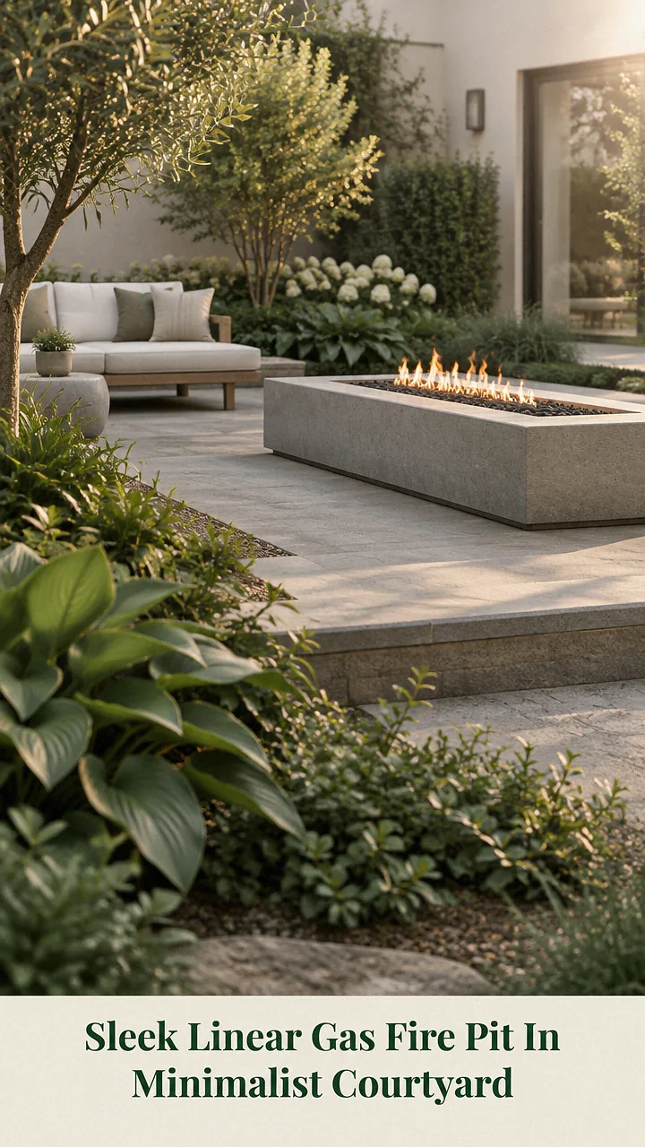 Sleek Linear Gas Fire Pit In Minimalist Courtyard
