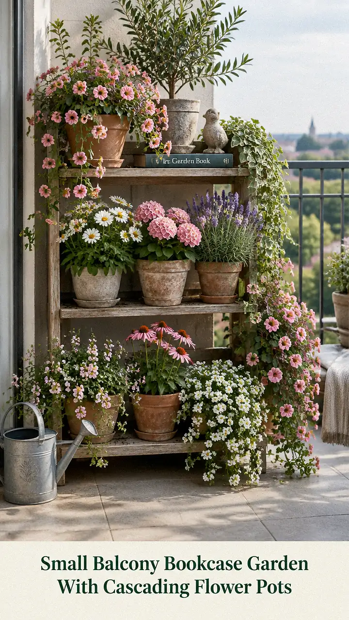 Small Balcony Bookcase Garden With Cascading Flower Pots
