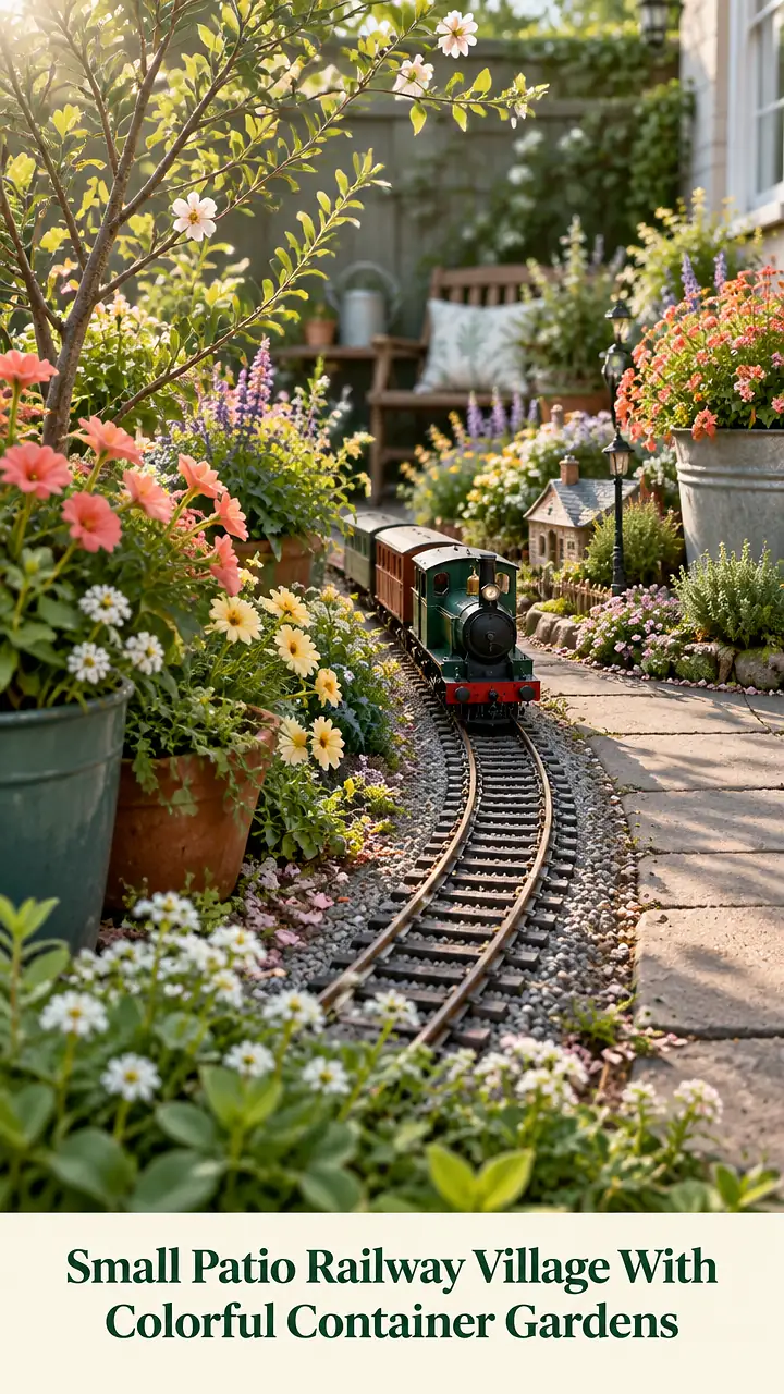 Small Patio Railway Village With Colorful Container Gardens