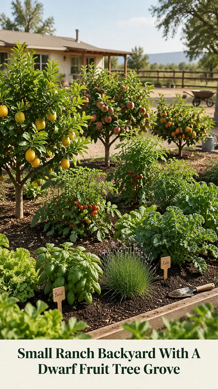 Small Ranch Backyard With A Dwarf Fruit Tree Grove