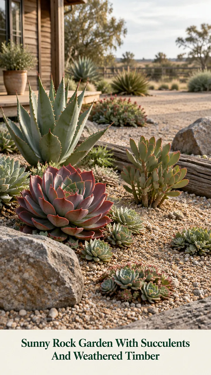 Sunny Rock Garden With Succulents And Weathered Timber