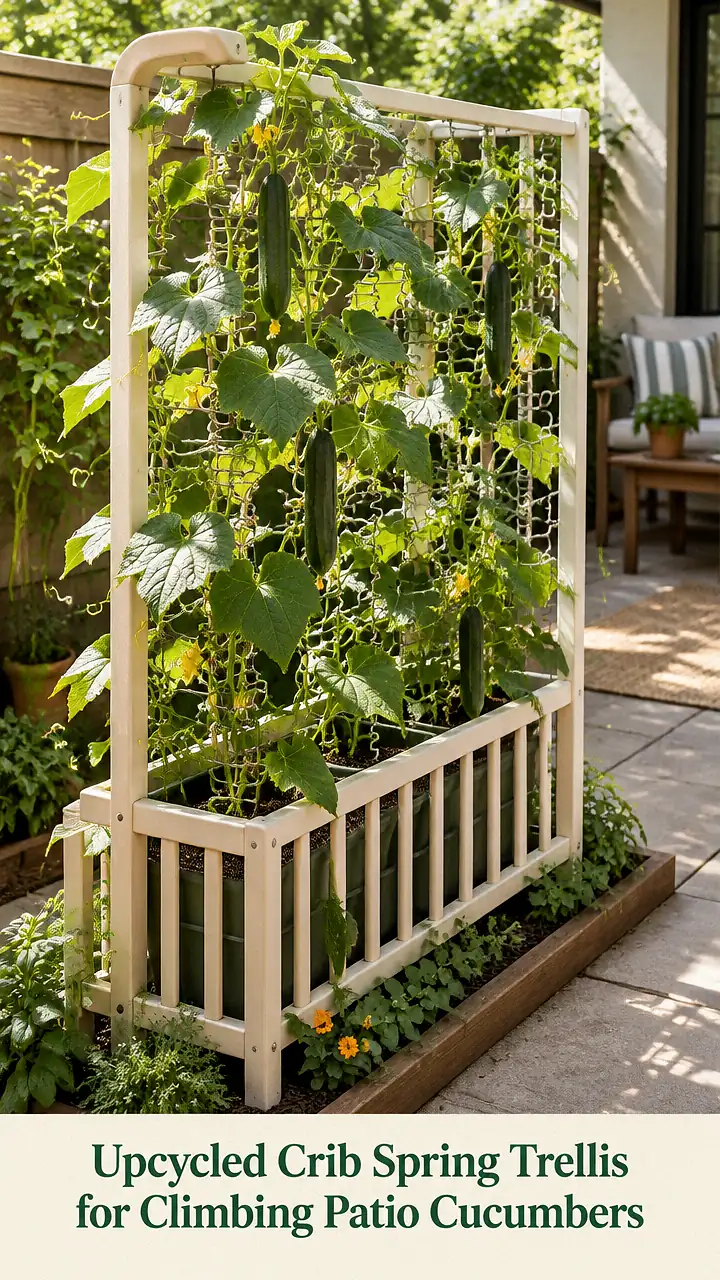 Upcycled Crib Spring Trellis for Climbing Patio Cucumbers